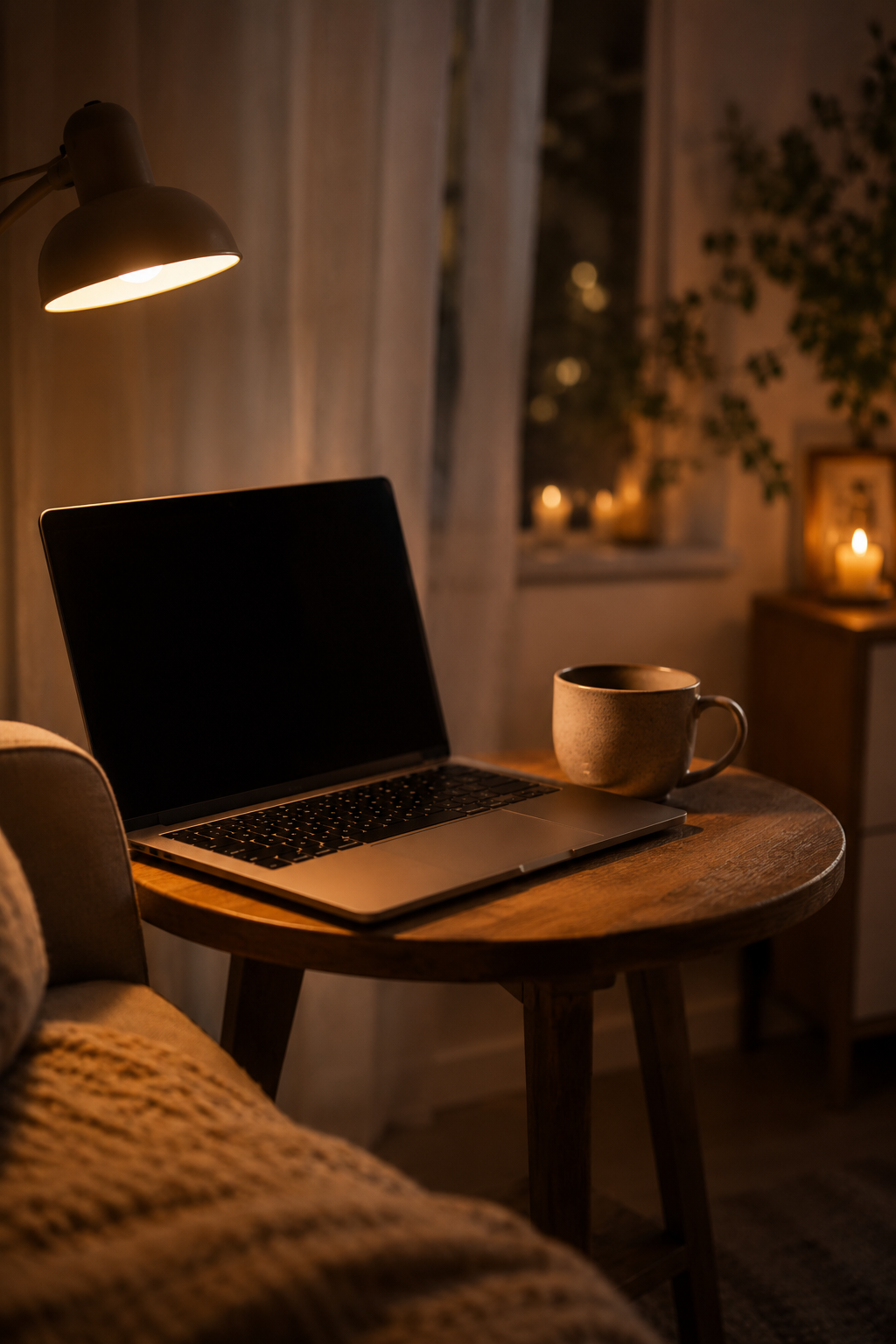 Laptop und Tasse auf einem kleinen Holztisch im warmen Lampenlicht