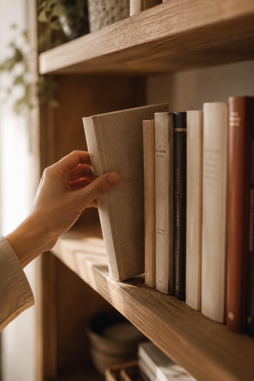 Hand stellt ein Buch ordentlich ins Regal