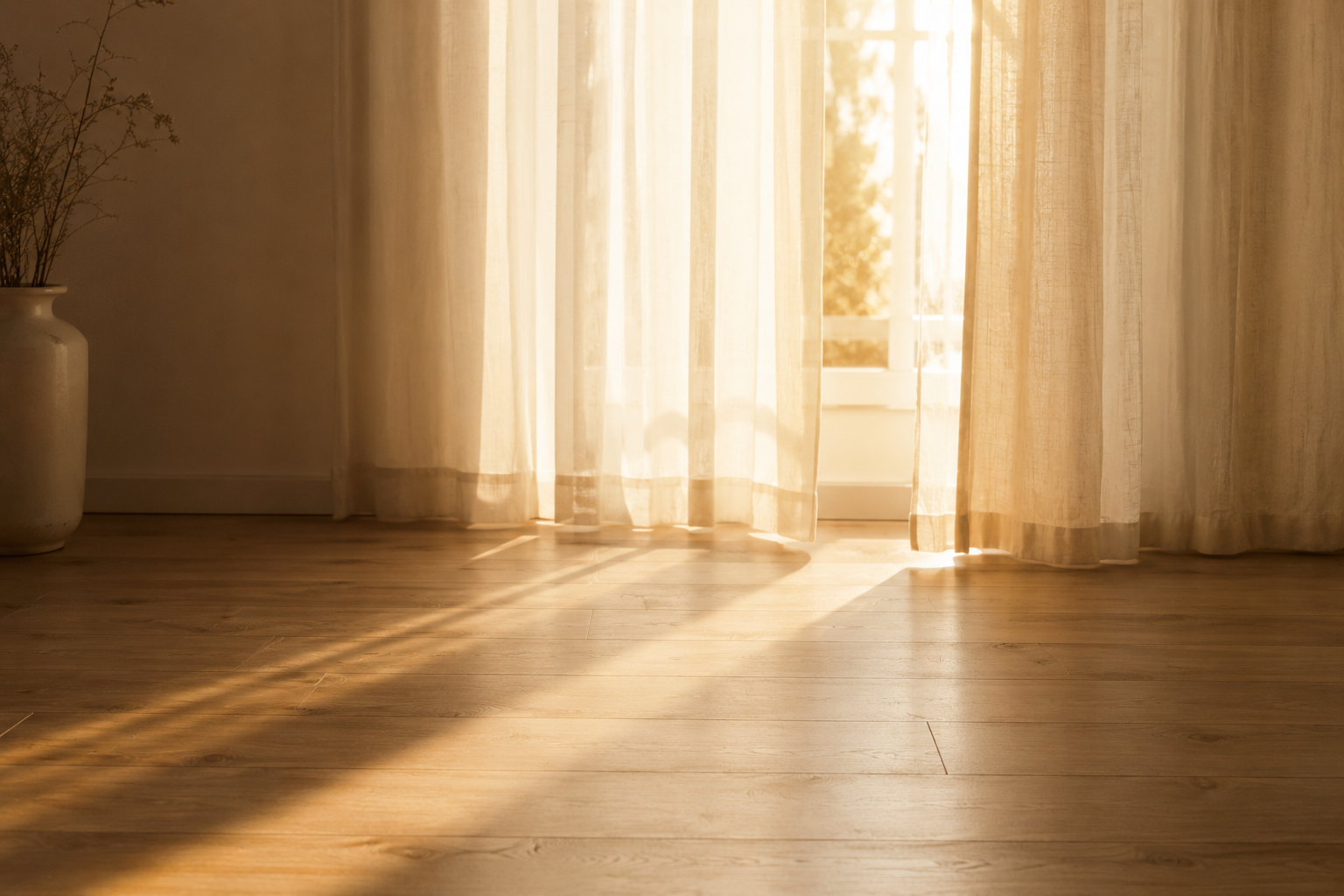 Weiches Morgenlicht durch transparente Vorhänge auf einem Holzboden